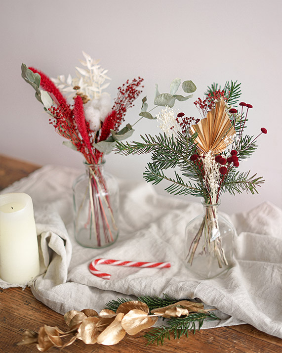 Fiole soliflore fleurs séchées décoration Noël Fiole soliflore fleurs séchées décoration Noël
