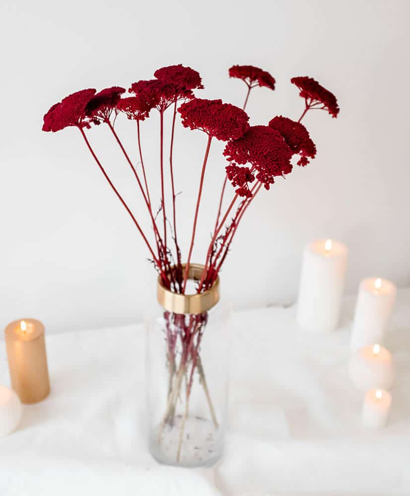 Rosa-Cadaques-fleurs-a-la-botte-achilles-rouge-noel Botte d'achillées rouges dans un vase transparent, posé sur une table avec une nappe blanche et des bougies allumées en fond